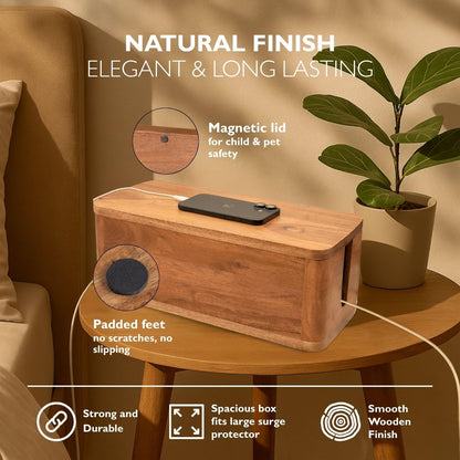 Acacia Cable Management Box - Rustic Design (Natural, Large)