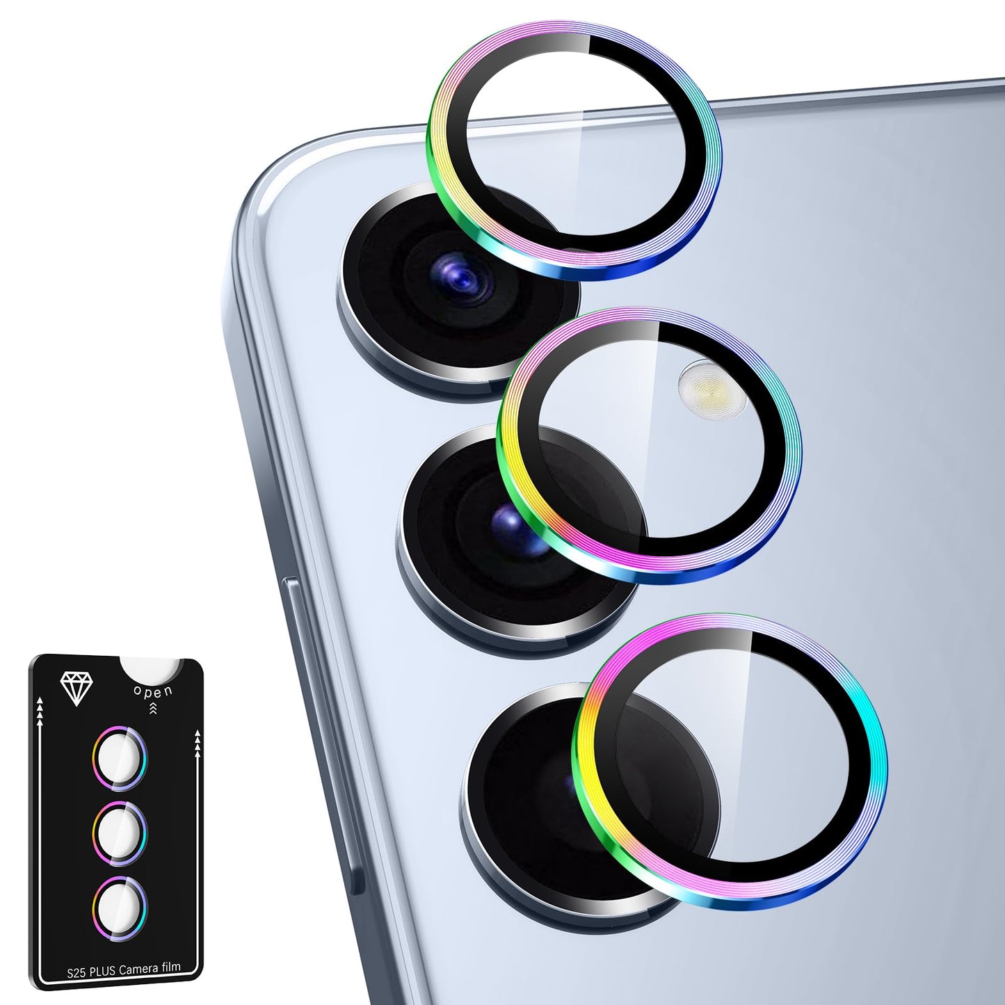 Avocase for Samsung Galaxy S25 Plus Camera Lens Protector, Individual Metal Ring Tempered Glass Lens Cover, [Strong Adsorption] Scratch Resistant Ultra-Thin HD Clear Lens Cover, 1 Set-Colorful
