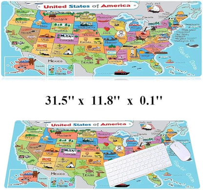 RTGGSEL 31.5x11.8 Inch Non-Slip Long Extended Large Gaming Mouse Pad with Stitched Edges XL Laptops Keyboard Mouse Mat(American Map)