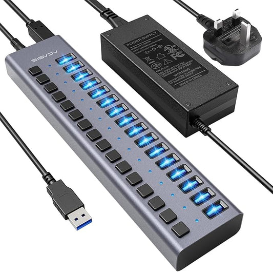 Powered USB Hub - ACASIS 16 Ports 90W USB 3.0 Data Hub - with Individual On/Off Switches and 12V/7.5A Power Adapter USB Hub 3.0 Splitter for Laptop, PC, Computer, Mobile HDD, Flash Drive and More
