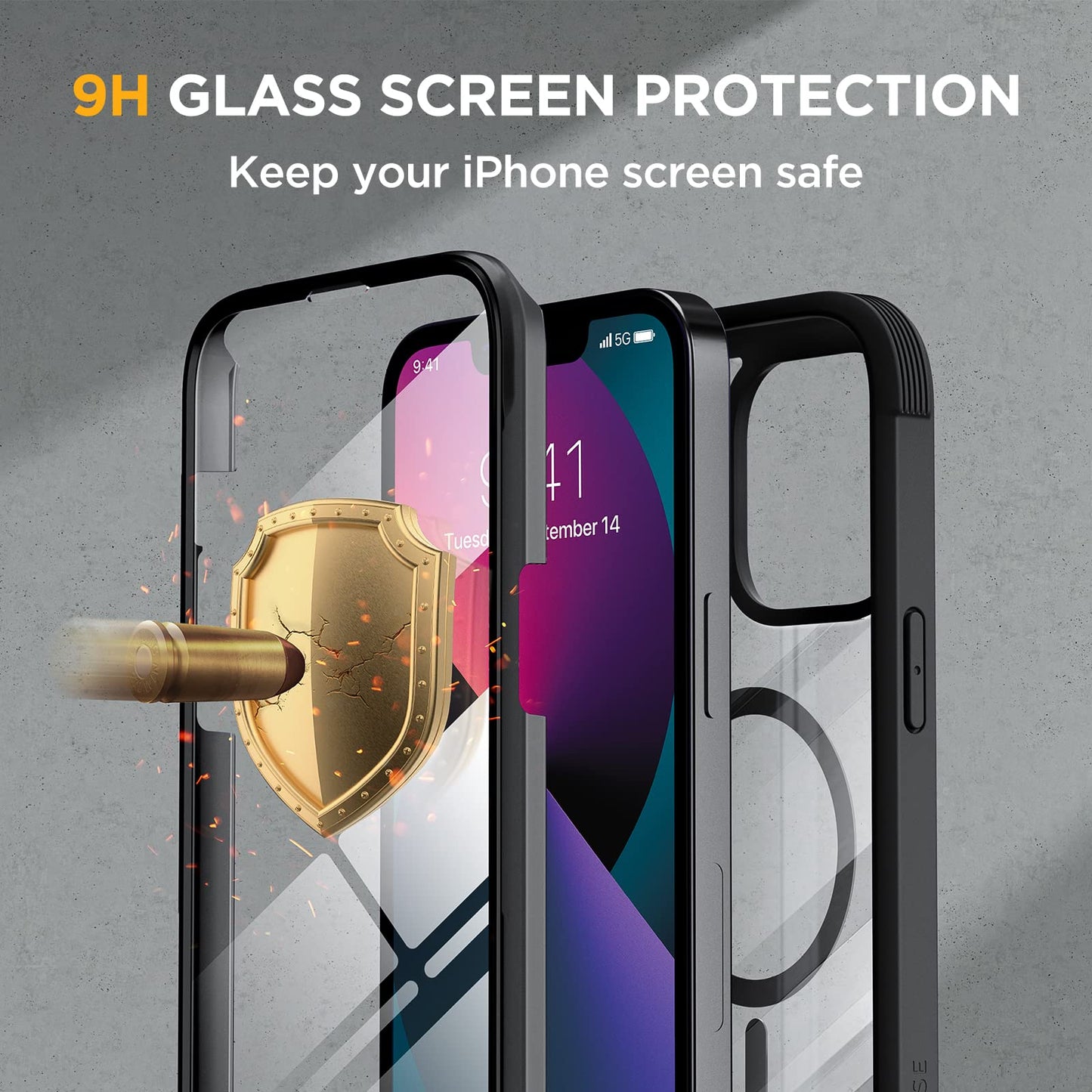 Miracase for iPhone 13 Case 6.1'',Full-Body Magnetic Clear Bumper Case with Built-in 9H Tempered Glass Screen Protector,Military Drop Protection Outdoor Phone Case,Black
