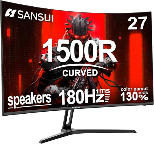 SANSUI 27 Inch Curved Gaming Monitor 200Hz 1ms with Speakers FHD 1080P Computer Monitor FreeSync|1500R|130% sRGB|HDR|Low Blue Light|HDMI DP Ports|VESA Mount|Metal Stand(HDMI Cable Incl.)