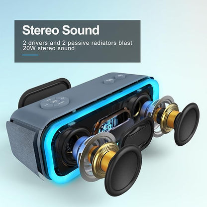 DOSS SoundBox Pro Bluetooth Speaker with 20W Stereo Sound, Active Extra Bass, IPX6 Waterproof, TWS Pairing, Multi-Colors Lights, 20H Playtime, Portable for Beach, Outdoor-Stone Blue