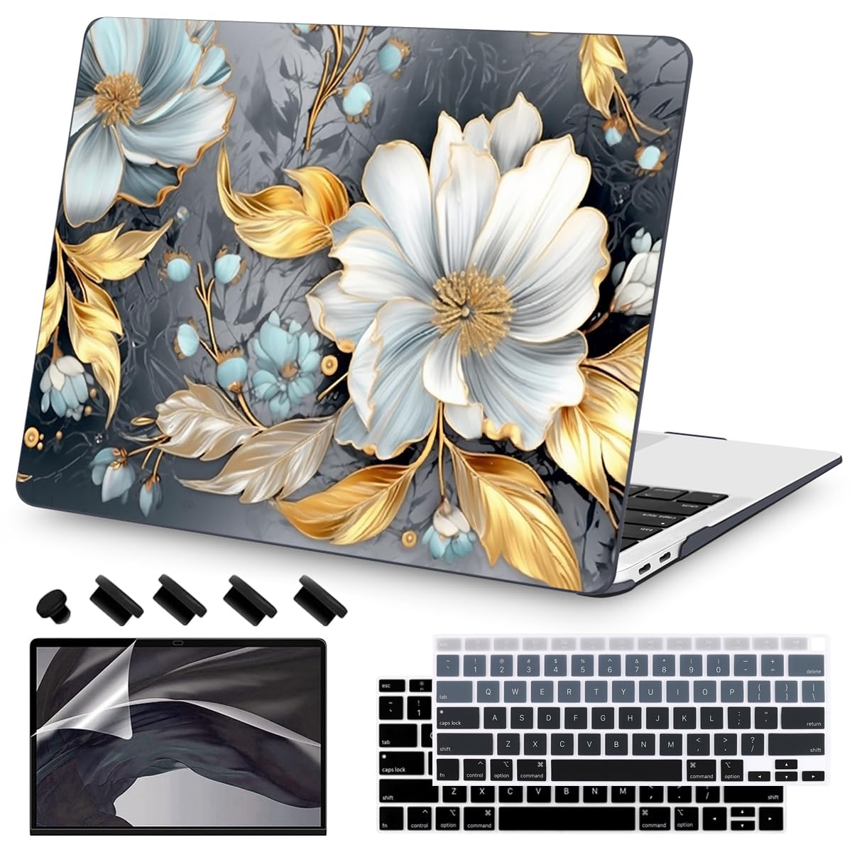 Teryeefi for MacBook Air 13 inch Case 2021 2020 2019 2018 Release (Model A2337 A2179 A1932 Retina Display with Touch ID), Plastic Hard Shell Case & Keyboard Cover for MacBook Air 13 M1, Gold Flowers