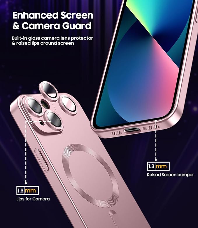 Magnetic for iPhone 13 Case [Compatible with MagSafe][Built-in Camera Lens Protector] Slim Soft Silicone Bumper Shockproof Metallic Luster Phone Case (Rose Gold)