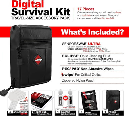 Photographic Solutions Digital Survival Kit - Type-3 (24mm) Sensor Swabs, PEC-PAD Photo Wipes, E-Wipe Packet, Eclipse Optic Cleaning Fluid - Camera Cleaning Kit with Travel Bag