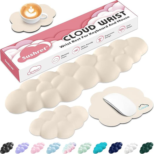 Cloud Wrist Rest for Computer Keyboard, 4-in-1 Memory Foam Leather Cloud Keyboard Wrist Rest and Mouse Pad Set with Ergonomic Support for Arm and Palm Cushion, Gaming/Work Setup, Beige
