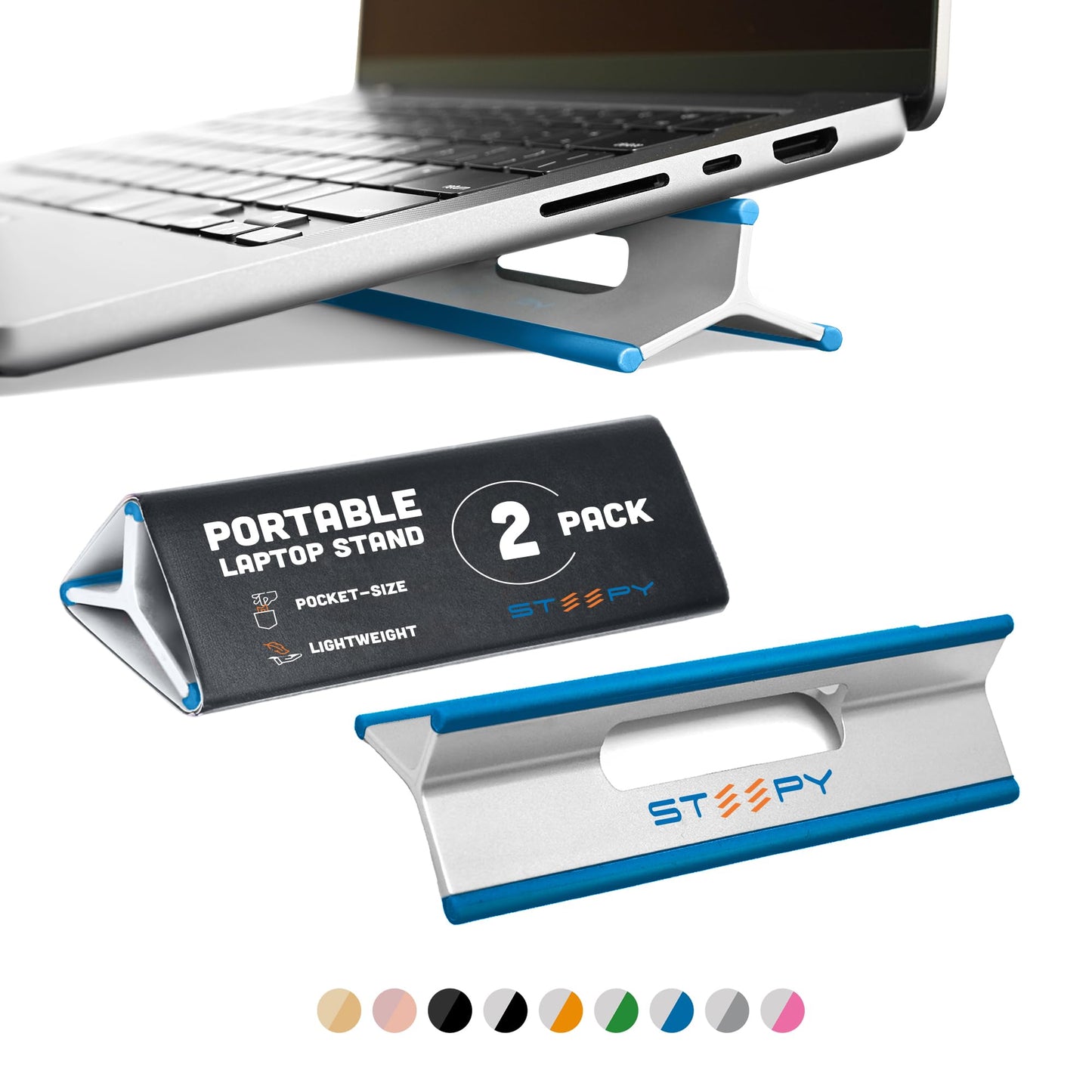 Steepy (2 Pack) - Portable Electronic Device Stand - Lightweight Laptop Stand for Laptops, Smartphones, Tablets, Projectors - Recycled Plastic - Posture Perfection - Cooling Ventilation - Blue Ocean