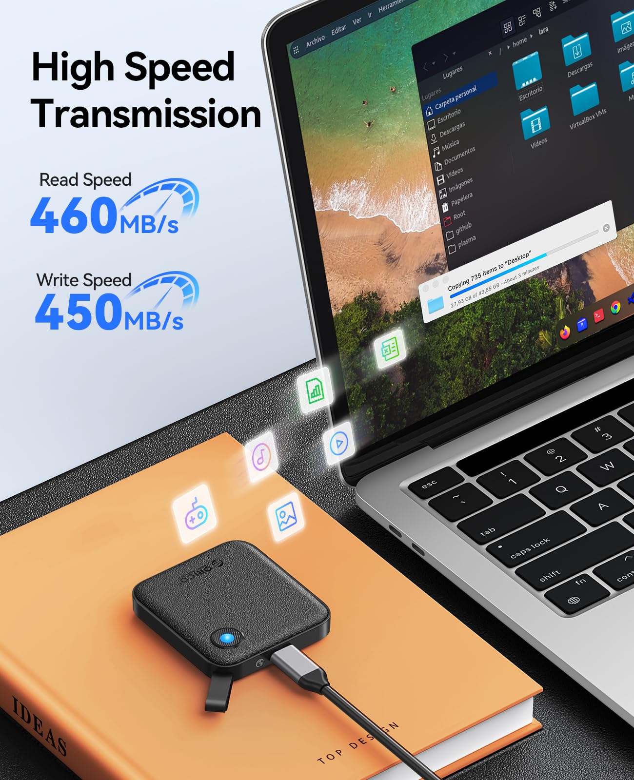 ORICO 256GB Portable SSD with 2 in 1 USB C/A Cable, Up to 460MB/s,Black