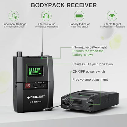 Phenyx Pro Wireless in-Ear Monitor System, Stereo IEM System with Rack Mount Kit, 89 Frequencies, 900MHz UHF Band, 164ft Range, Suitable for Stage & Studio (4 Bodypacks with Transmitter)