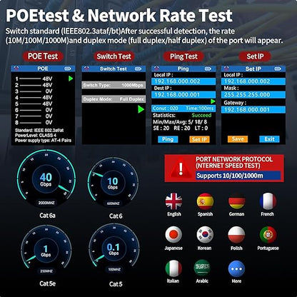 NOYAFA NF-8506 Network Cable Tester with IP Scan, TDR CAT5 CAT6 Ethernet Cable Tester, PoE PingTest, Network Rate Test, Port Flashing, Network Tester Cable Toner for RJ11 RJ45