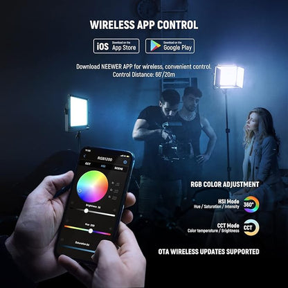 NEEWER RGB1200 RGB LED Video Light Panel with APP/2.4G Control, 60W Studio Photography Lighting 22000Lux@0.5m/1% Precise Min Dimming/360° Full Color/ CRI97+/TLCI98+/2500K-8500K/18 Effect with Barndoor