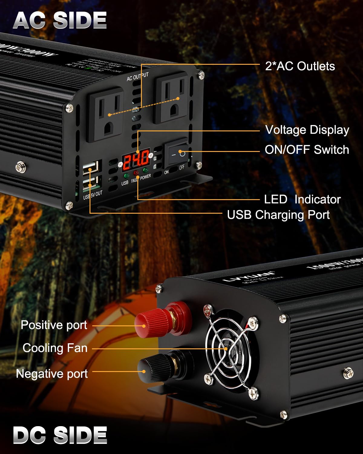 LVYUAN 1500W Power Inverter 24V to 110V DC to AC with 2 US Sockets, LED Display, USB Ports for Home Truck, Outdoor, Camping