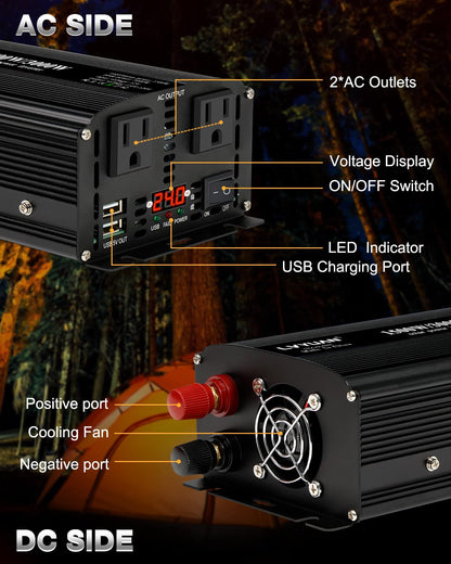 LVYUAN 1500W Power Inverter 24V to 110V DC to AC with 2 US Sockets, LED Display, USB Ports for Home Truck, Outdoor, Camping