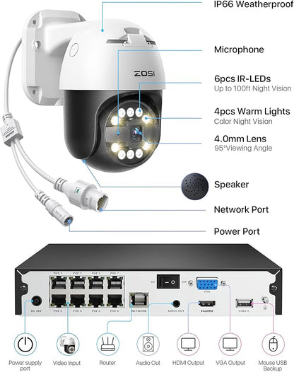 ZOSI 4K PoE Security Camera System with AI Face Person Vehicle Detection, 4 x 5MP 3K Outdoor Auto Tracking PT PoE Camera with 5X Digital Zoom, 2-Way Audio, 8CH 8MP NVR with 2TB HDD (16CH Expandable)