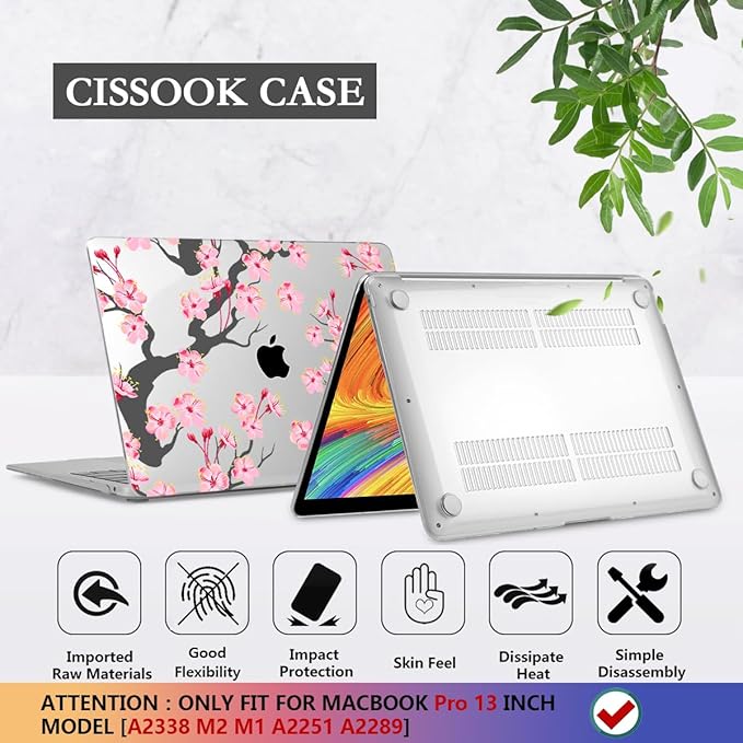 CISSOOK Hard Shell Case for MacBook Pro 13 inch A2338 A2289 A2251 2025-2020 Released, Cherry Floral Beauty Cover with Keyboard Cover and Screen Protector for MacBook Pro 13 M1 M2 - Cherry Blossoms