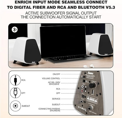 AS31 Active Bookshelf Speakers Bluetooth -2.0 Powered Speaker Stereo Computer Speakers for Desktop pc ，Monitor Speakers 80WRMS/3inch Bass RCA/Optic Inputs, Wooden Compact (Violet)