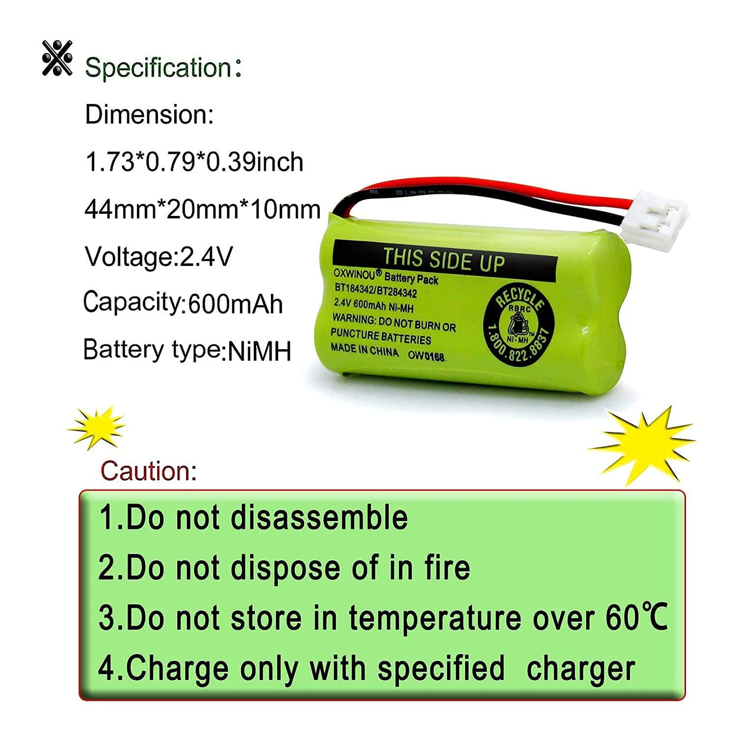 OXWINOU 2.4v BT184342 BT284342 BT18433 BT28433 BT183348 BT283348 BT-1011 Replacement Battery Compatible with Phone CS6209 CS6219 CS6229 DS6151 89-1330-01-00 CPH-515D(2-Pack)