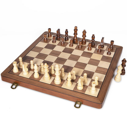 ELONGDI 15" Wooden Chess Set with Magnetic Pieces - Extra Queens - Folding Chessboard Portable Travel Tournament Chess Board Games for Adults Kids