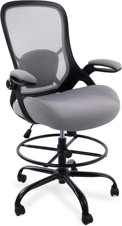 HYLONE 400lbs Heavy Duty Drafting Chair 5" Thickened Seat Office Chair with Flip-Up Armrests Tall Ergonomic Computer Chair with Lumbar Support and Adjustable Footrest Ring Standing Desk Chair(Grey)