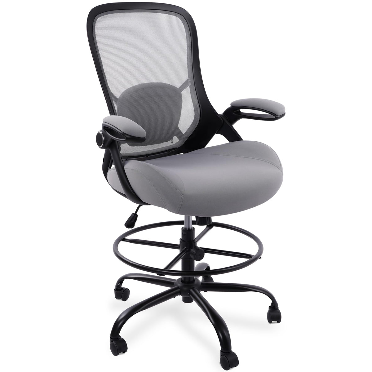 HYLONE 400lbs Heavy Duty Drafting Chair 5" Thickened Seat Office Chair with Flip-Up Armrests Tall Ergonomic Computer Chair with Lumbar Support and Adjustable Footrest Ring Standing Desk Chair (Grey)