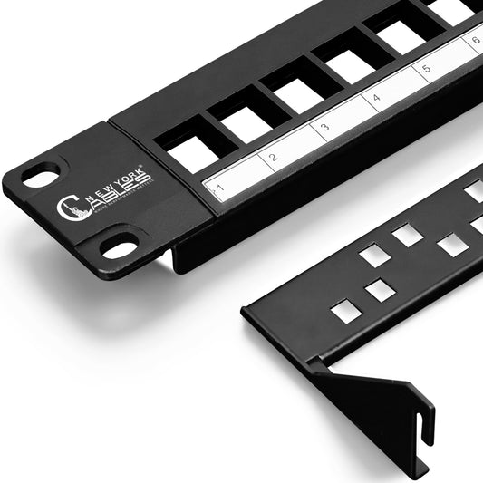 NewYork Cables 24 Port Blank Keystone Patch Panel 1U 19 Inch Rack Mount, Snap-in Modular Design, Cat6 Network Ethernet Panel, Heavy Duty Steel, for Server Racks, Supports Slim Keystone Jacks Only