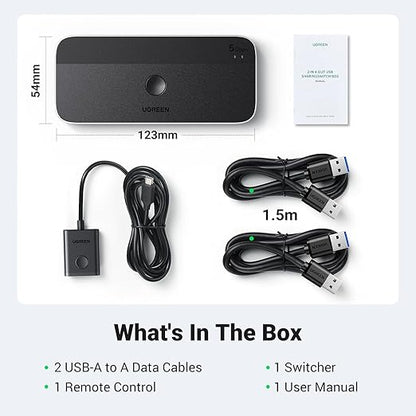 UGREEN USB 3.0 Switch 2 Computers Sharing USB C & A Devices, 4 Port USB Switcher Sharing Keyboard and Mouse, Printer/Scanner USB Switch Hub for Two Computers with 2 USB3.0 Cables and Remote