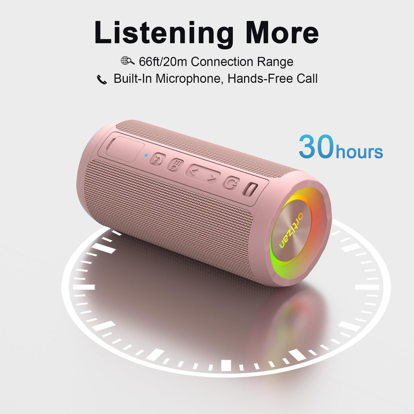 Ortizan Wireless Portable Bluetooth Speaker, IPX7 Waterproof, Dustproof and Rustproof, Powerful 24W Sound, Enhanced Bass, 30 Hour Battery, 360° Party Light, and Stereo Pairing (BT 5.3), Gifts - Pink