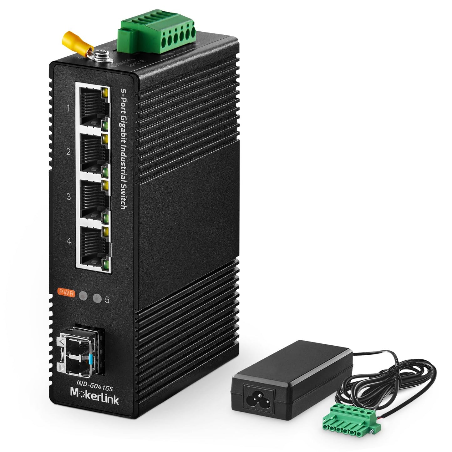 MokerLink 5 Port Industrial DIN-Rail Network Switch, 4 Gigabit Ethernet, 1 SFP, 14Gbps Switching Capacity, IP40 Rated (-40 to 185F), With UL Power Supply