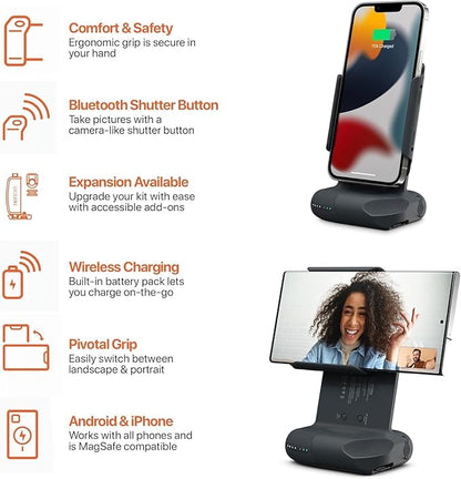 ShiftCam ProGrip Starter Kit – DSLR-Style Phone Camera Grip with Built-in Powerbank, Wireless Shutter Button and Qi Charging, Freestanding Dock & Tripod Mount – Compatible w/Android & iPhone