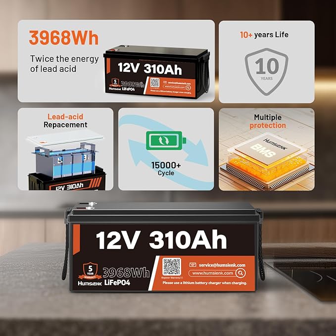 12V 310Ah LiFePO4 Lithium Battery – Max. 3968Wh Solar/RV/Off-Grid Power,15000+ Deep Cycles, 100A BMS,Low-Temp Protection,A+ Grade Cells for Marine, Trolling Motor, Home Energy Storage (1 Pack)
