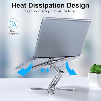 LIENS Adjustable Laptop Stand with 360 Rotating Base, Aluminum Laptop Riser for Desk Foldable, Ergonomic Notebook Stand Holder Compatible with iPad and MacBook/All Laptops up to 16 inches - Silver