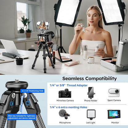 SIRUI Carbon Fiber Mini Tripod with Bowl Base, 33lbs Max Load, Ultra-Lightweight 1.63lbs, 8.82in Folded, 360° Panorama & ±15° Tilt for Camera/Phone/Vlogging（AM-223LS）