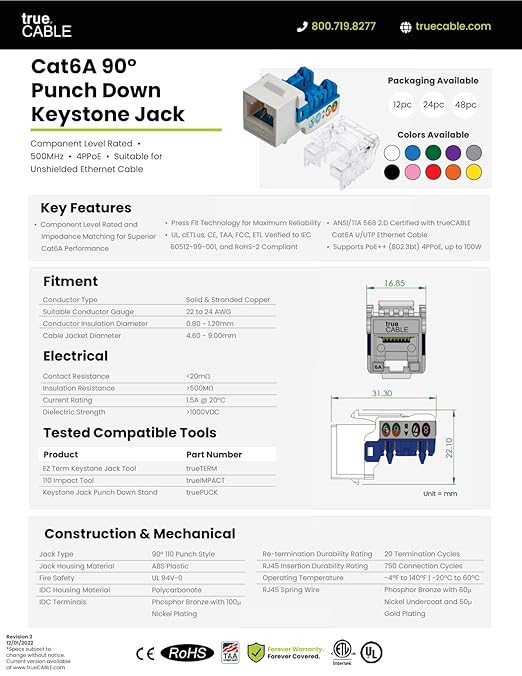 trueCABLE Cat6A Keystone Jack, Unshielded (UTP), 90 Degree Punch-Down, PoE++ (4PPoE), UL Listed, ETL Verified, ANSI/TIA Certified, Modular RJ45 Female, Purple, 24 Pack