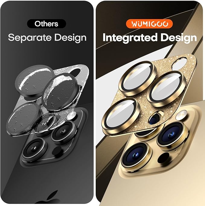 Camera Lens Protector for iPhone 16 Pro Max/16 Pro/15 Pro Max/15 Pro/14 Pro Max/14 Pro, Aluminum Alloy Sapphire Glass Camera Screen Cover, Case Friendly- Glitter Gold