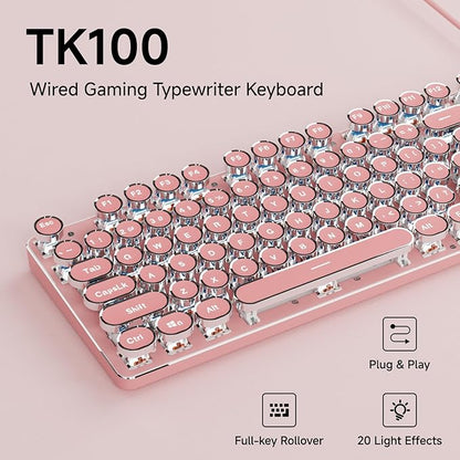 EWEADN TK100 Typewriter Keyboard Wired Mechanical Keyboard, 104 Keys Aesthetic Typewriter Keyboards with White Backlit, Anti-Ghosting, Blue Switch Wired Cute Keyboards-Pink