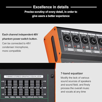 Depusheng TG8 professional dj audio mixer 8 channel input and dual group output with 99-bit dps reverb chip bluetooth usb recording and mp3 playback suitable for stage, bar, recording studio
