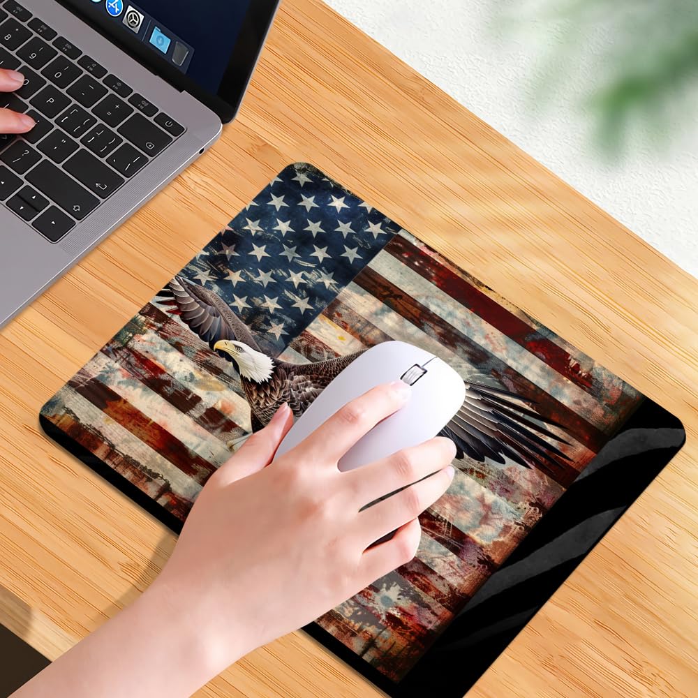 Square Mouse Pad Eagle with American Flag,Gaming Mouse Pads for Desk,Soft Computer Waterproof Non-Slip Mouse Mat