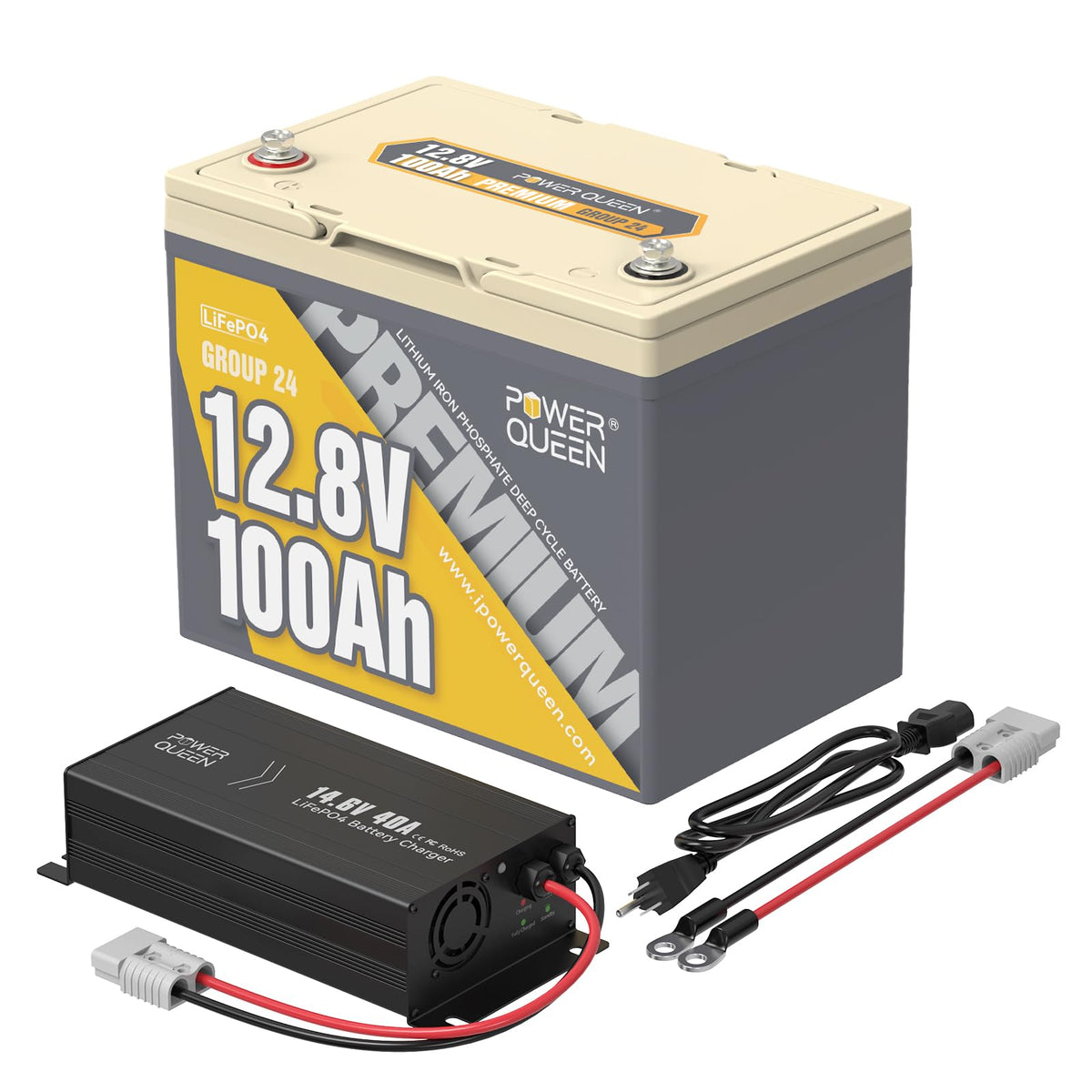 Power Queen 12V 100Ah LiFePO4 Battery with 12V 20A Lithium Battery Charger