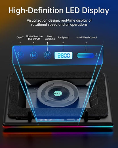 llano V12 RGB Laptop Cooling Pad, Gaming Laptop Cooler with 5.5 Inch Powerful Turbofan, Fast Cooling Laptop 15.6-21in, Adjustable Speed, Touch Control, LCD Screen, Black