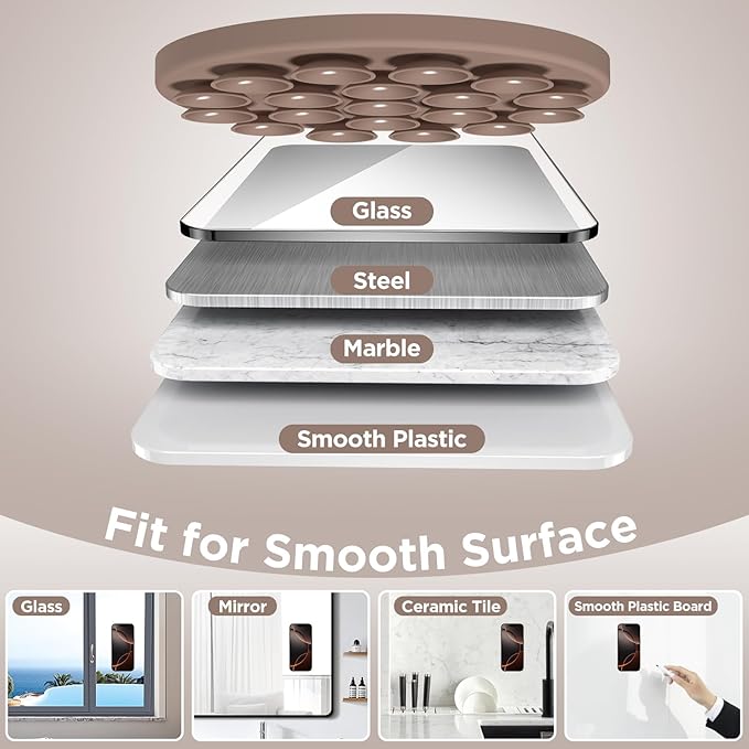 Magnetic Suction Cup Phone Mount for MagSafe Case, Silicone Hands-Free Phone Grip Holder for iPhone and Android, Mirror Shower Phone Stand for Makeup FaceTime Gym Kitchen Bathroom, Light Brown