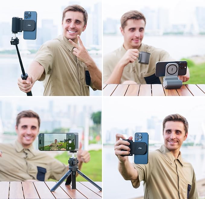 KIWIFOTOS for Magsafe Phone Camera Grip Magnetic Phone Tripod Handle with Bluetooth Remote & Tripod Mount Adapter for iPhone 16 Pro Max Samsung Smartphone Vlog Video Shooting (Gray)