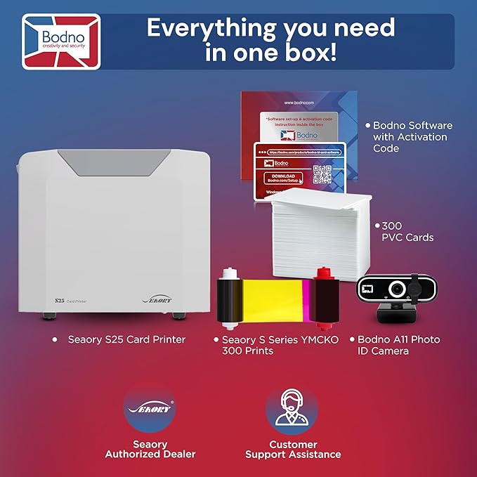 Bodno Seaory S25 Single Sided ID Card Printer & Complete Supplies Package ID Software and Camera - Bronze Edition