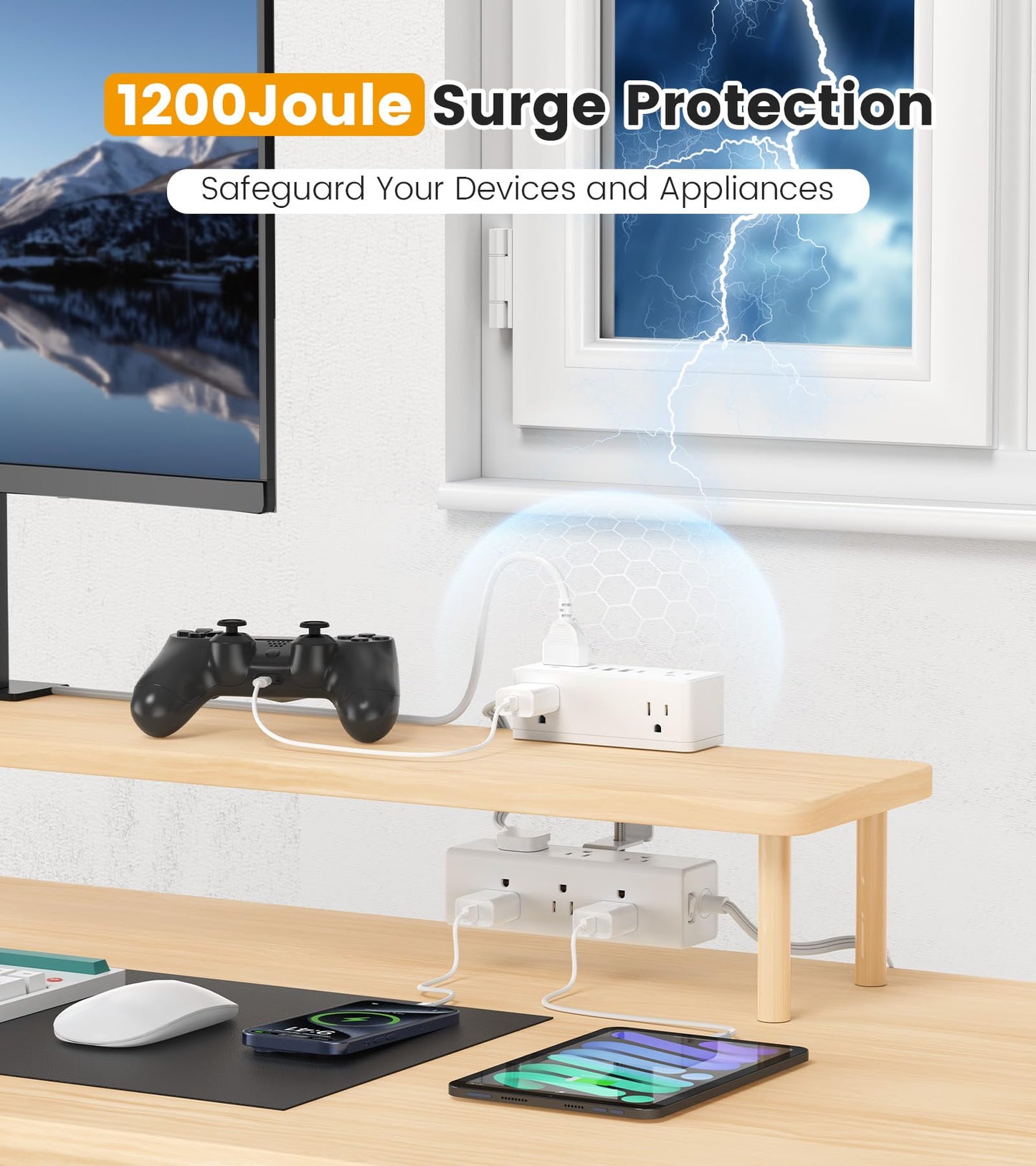 VILONG Dual Layer Desk Clamp Power Strip, 13 Outlets, 20W USB-C, 10FT Cord