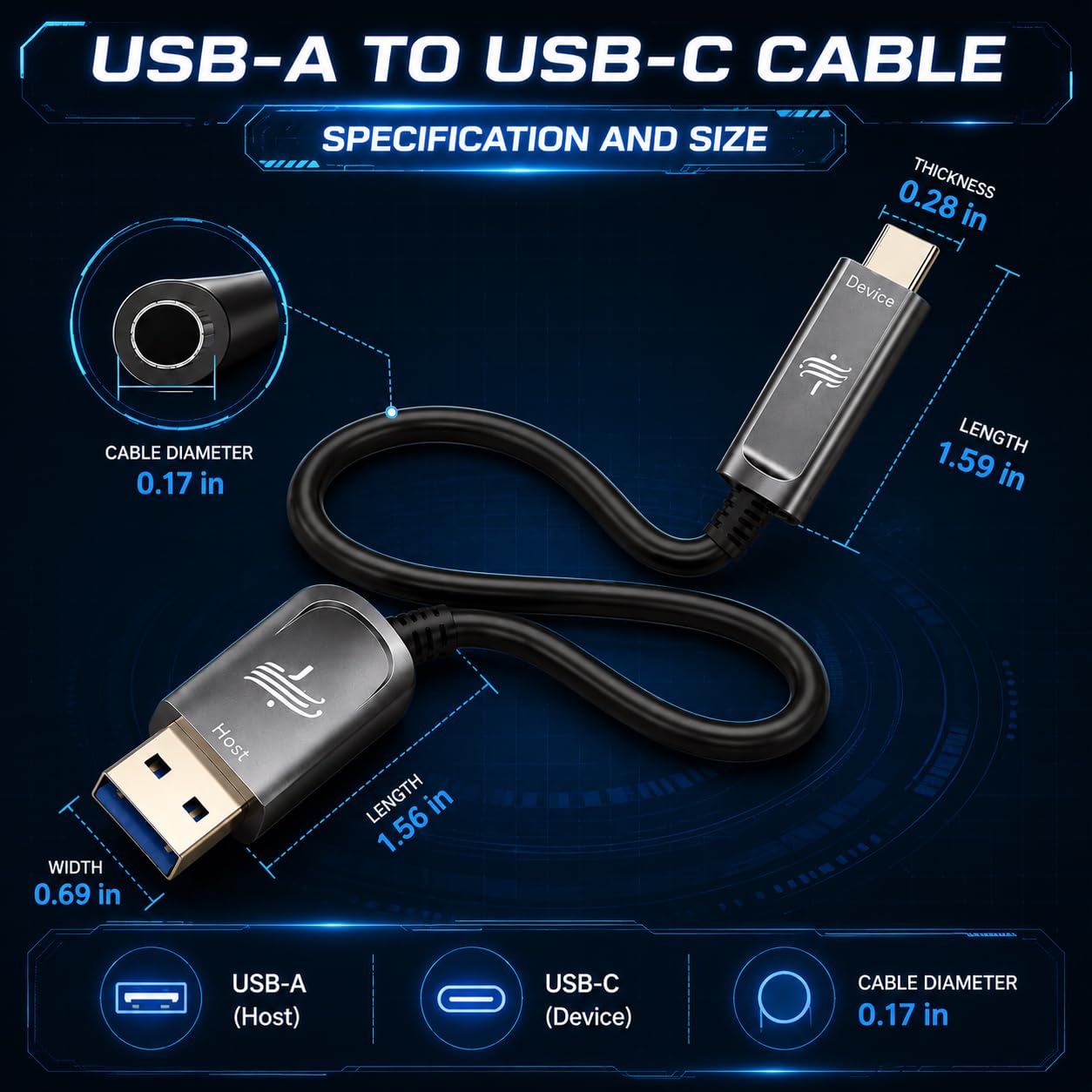 DWLCWY Fiber Optic USB A to USB C Cable 33ft, 10Gbps Active Optical Long-Distance USB-C Extension with SiliconLine Chip, EMI-Free for 4K Video Conferencing Rooms, Industrial Equipment,Data Center
