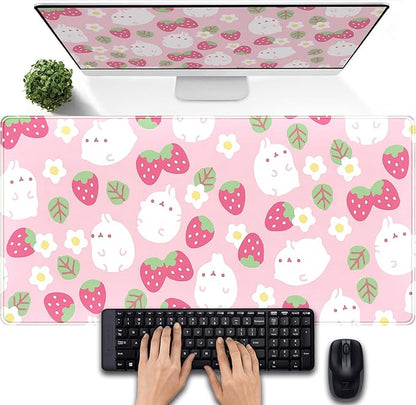 Pink Kawaii Desk Mat, Strawberry Field Desk Pad Large, Extended Mouse Pad Cute, XXL Laptop Computer Keyboard Mat Desktop Mouse Mat, Gaming Computer Pad Women Desk Decor Accessories 31.5"x15.75"