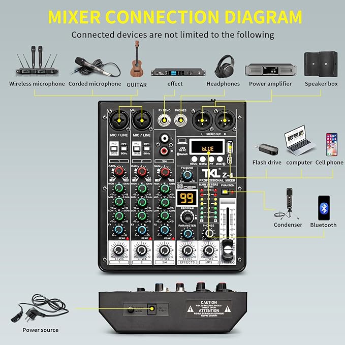 4 Channel Audio Mixer, Professional DJ Mixer Sound Board Mixing Console with 99-Bit DSP Effect, Bluetooth USB Interface Stereo Mixer Board with 48V Phantom Power For Recording Live Stream
