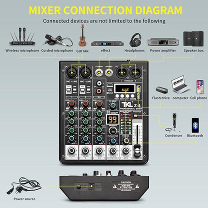 4 Channel Audio Mixer, Professional DJ Mixer Sound Board Mixing Console with 99-Bit DSP Effect, Bluetooth USB Interface Stereo Mixer Board with 48V Phantom Power For Recording Live Stream
