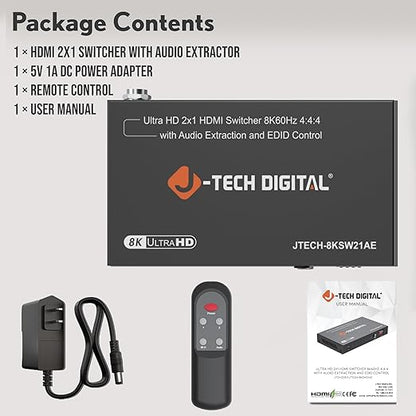 8K HDMI Switch 2 in 1 Out, 8K@60Hz 4K@120Hz 1080P@240Hz with Audio Extraction, HDMI to Optical & Analog 3.5mm, HDR HDCP2.3 EDID Control (JTECH-8KSW21AE)