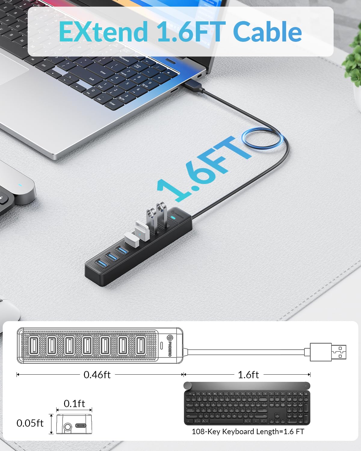 PHIXERO 7 Port USB Hub 3.0 with 1.6FT/50CM Long Cable, Multiport Adapter and Splitter for PC, Compatible with All USB 3.0/2.0/1.1 Devices